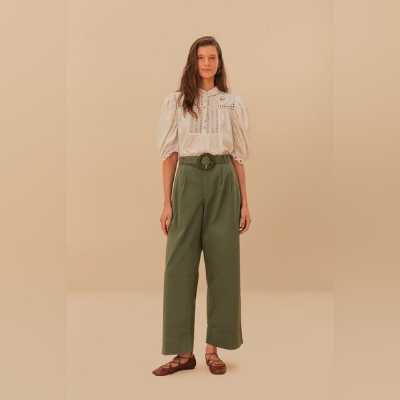 FARM Rio Pants - Farm Rio: Green Twill Pleated Wide Pants